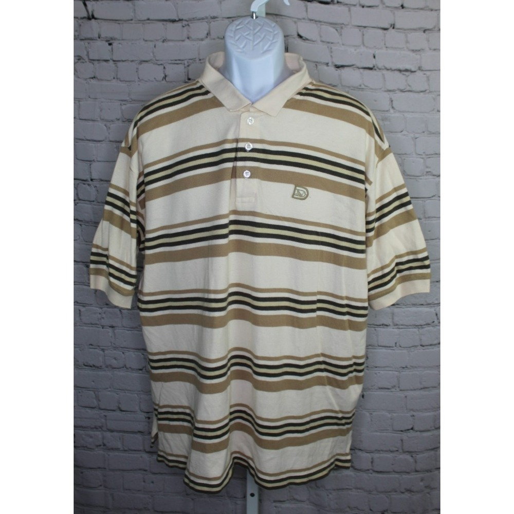 Drunk Monkey Striped Polo Shirt Men's XL Tan Brown Embroidered Logo Short Sleeve
